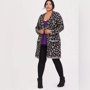 Torrid Black and Gray Leopard Longline Open Front Cardigan